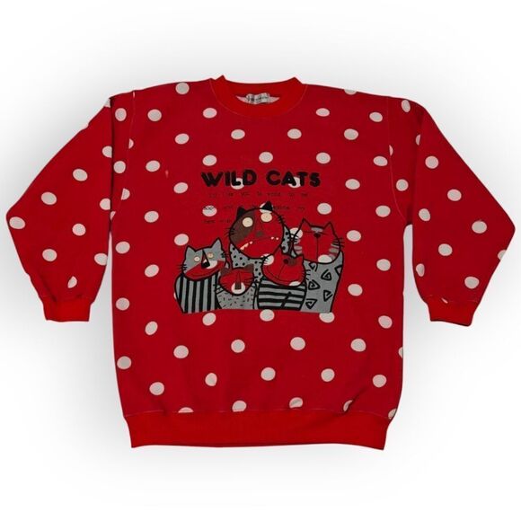 Sharon Minky Wild Cats Print Red Polka Dot Sweatshirt size L Vintage - Picture 1 of 6